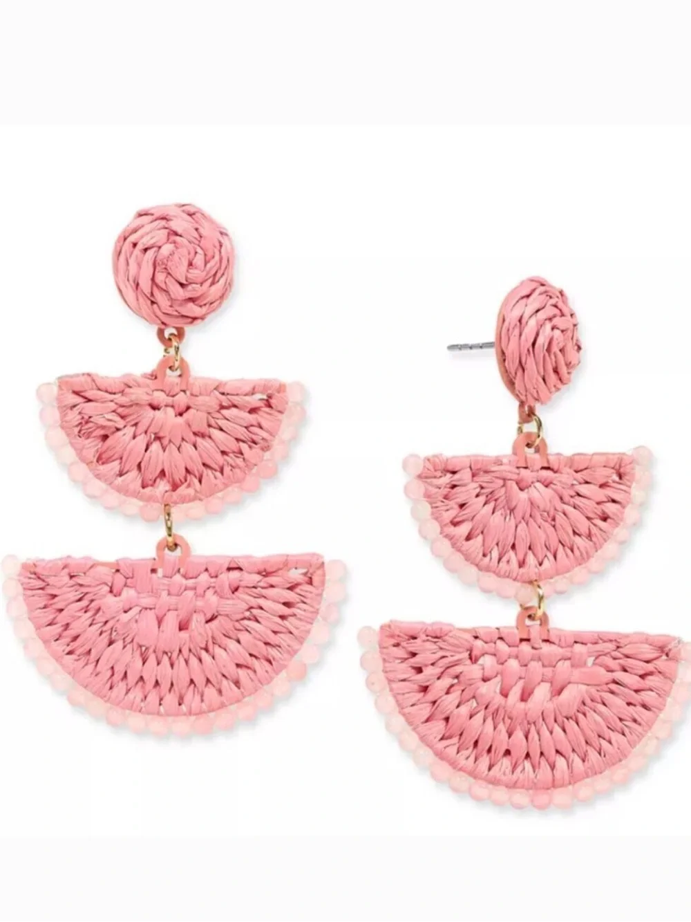 On 34th Gold-Tone Stone Bead & Woven Raffia Drop Earrings in Pink